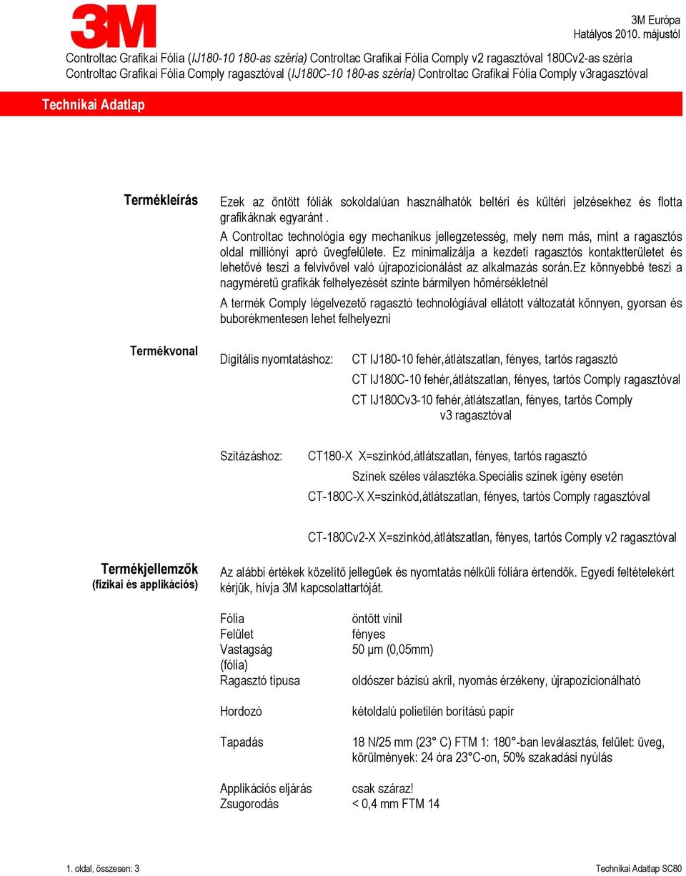 Controltac Grafikai Fólia Comply v3ragasztóval Technikai Adatlap Termékleírás Ezek az öntött fóliák sokoldalúan használhatók beltéri és kültéri jelzésekhez és flotta grafikáknak egyaránt.