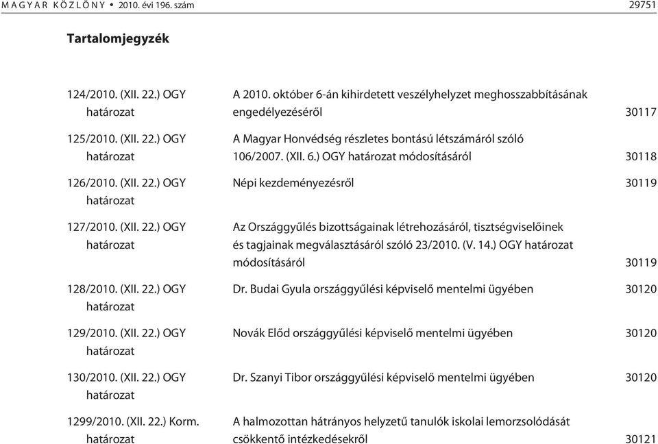 október 6-án kihirdetett veszélyhelyzet meghosszabbításának engedélyezésérõl 30117 A Magyar Honvédség részletes bontású létszámáról szóló 106/2007. (XII. 6.) OGY határozat módosításáról 30118 Népi kezdeményezésrõl 30119 Az Országgyûlés bizottságainak létrehozásáról, tisztségviselõinek és tagjainak megválasztásáról szóló 23/2010.