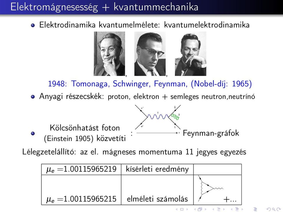 neutron,neutrínó Kölcsönhatást foton (Einstein 1905) közvetíti : Feynman-gráfok Lélegzetelállító: az el.