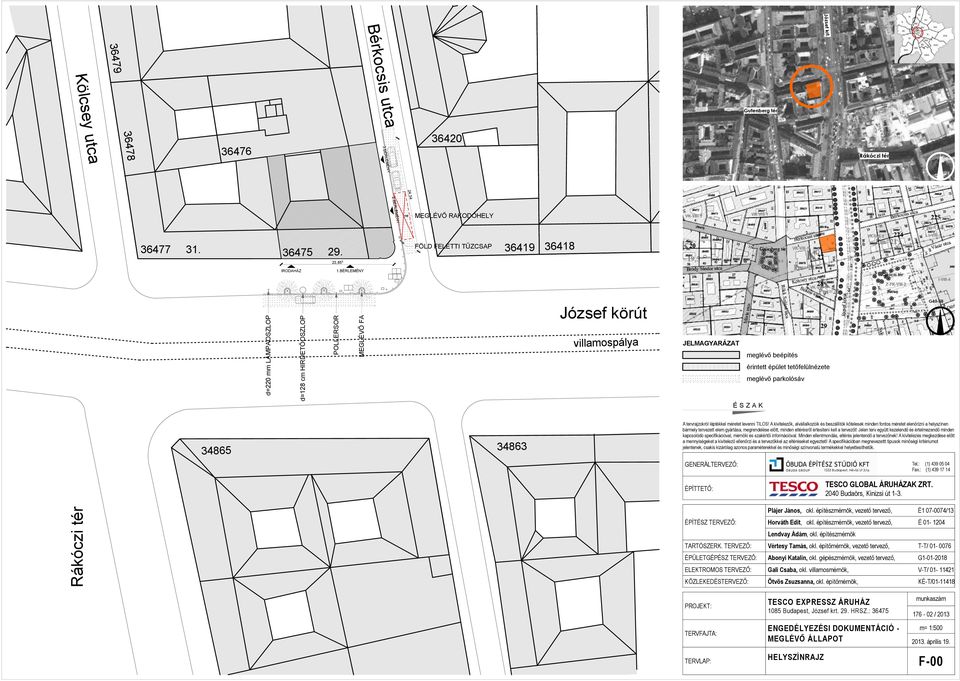 ÉRLEMÉNY d=220 mm LÁMPAOSZLOP d=8 cm HIRDETŐOSZLOP POLLERSOR MEGLÉVŐ FA József körút villamospálya meglévő beépítés érintett épület tetőfelülnézete meglévő