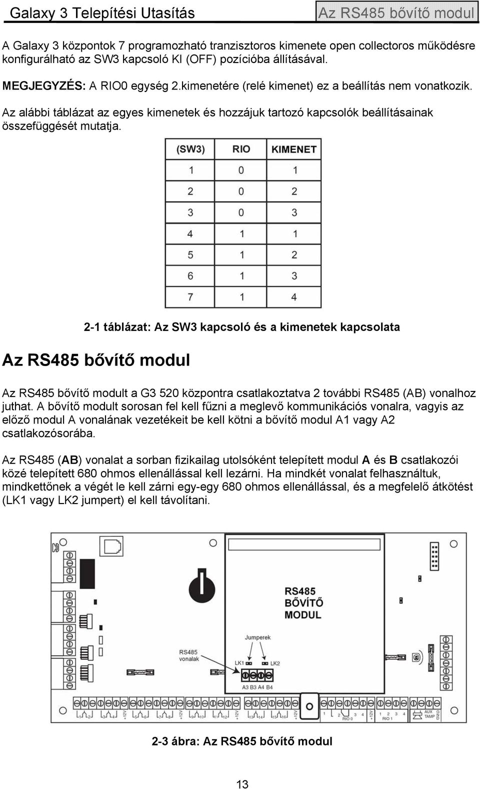 2-1 táblázat: Az SW3 kapcsoló és a kimenetek kapcsolata Az RS485 bővítő modul Az RS485 bővítő modult a G3 520 központra csatlakoztatva 2 további RS485 (AB) vonalhoz juthat.