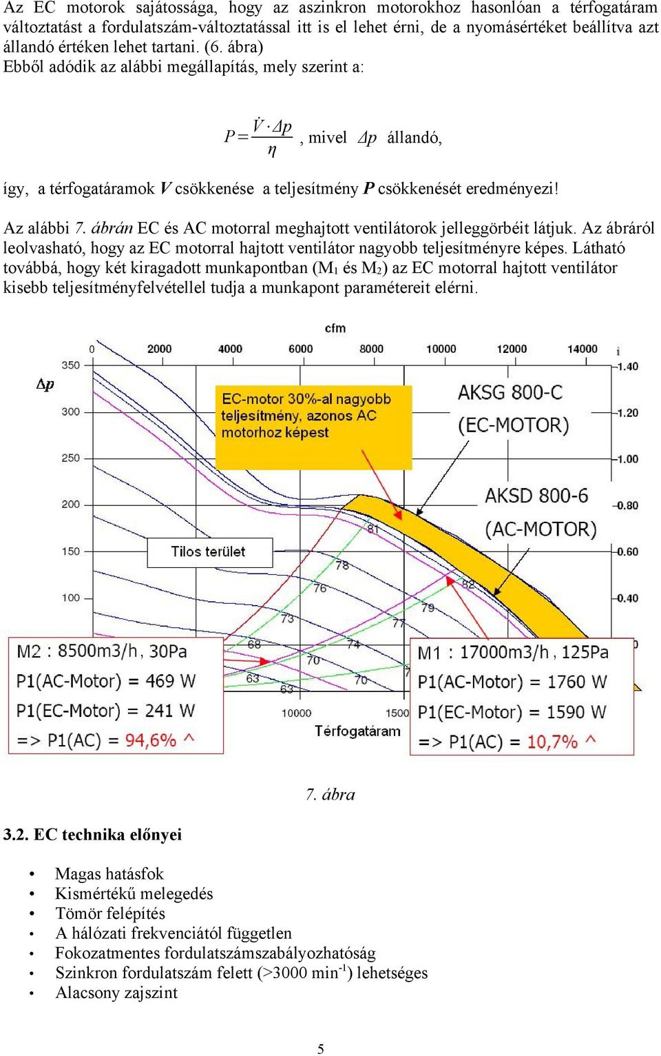 Az alábbi 7 ábrán EC és AC motorral meghajtott ventilátorok jelleggörbéit látjuk Az ábráról leolvasható, hogy az EC motorral hajtott ventilátor nagyobb teljesítményre képes Látható továbbá, hogy két