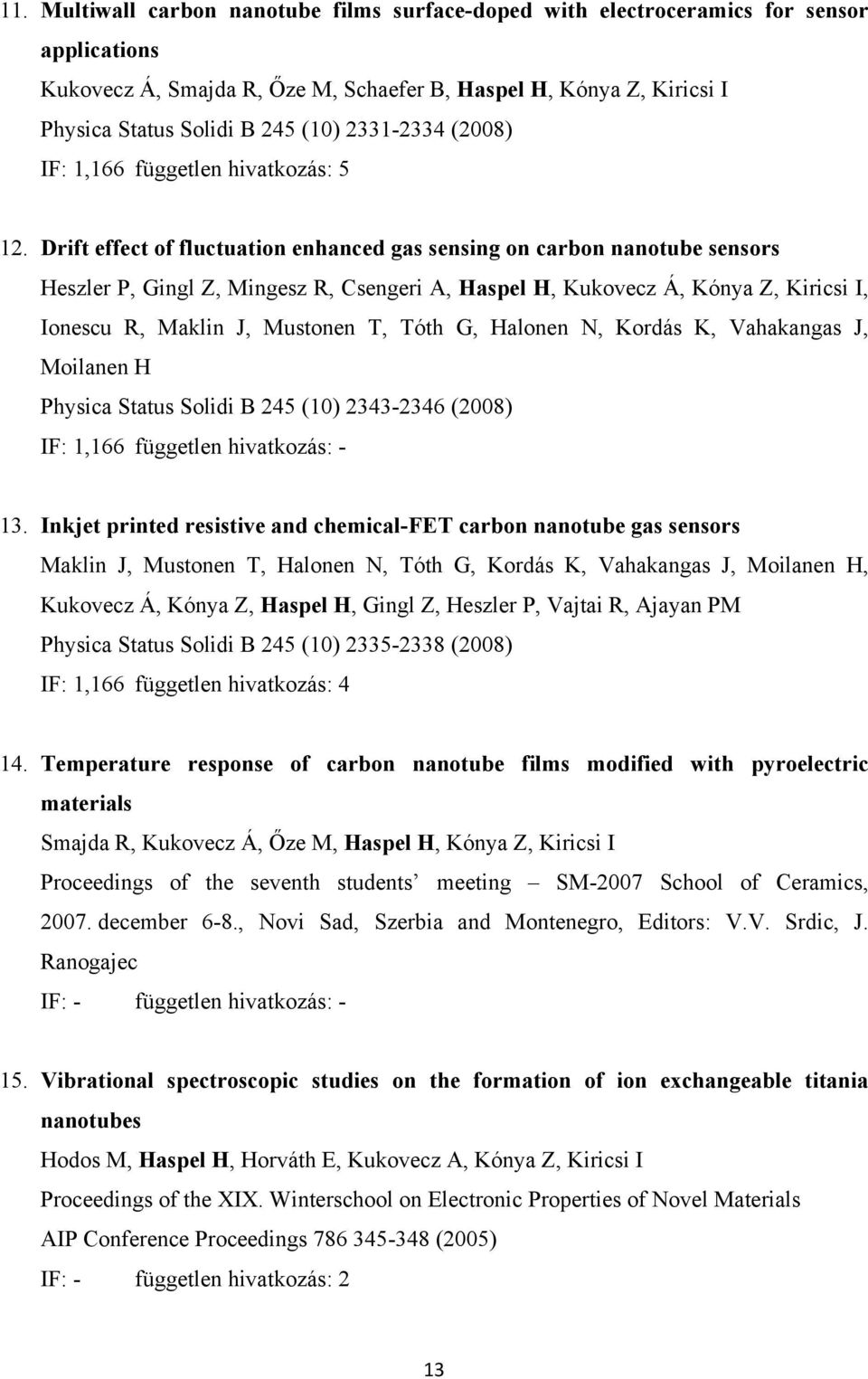 Drift effect of fluctuation enhanced gas sensing on carbon nanotube sensors Heszler P, Gingl Z, Mingesz R, Csengeri A, Haspel H, Kukovecz Á, Kónya Z, Kiricsi I, Ionescu R, Maklin J, Mustonen T, Tóth