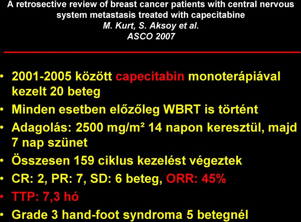 ASCO 2007 2001-2005 között capecitabin monoterápiával kezelt 20 beteg Minden esetben előzőleg WBRT is