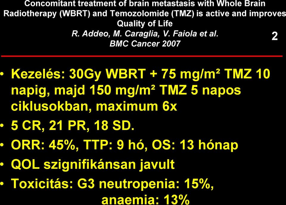 2 BMC Cancer 2007 Kezelés: 30Gy WBRT + 75 mg/m² TMZ 10 napig, majd 150 mg/m² TMZ 5 napos ciklusokban,