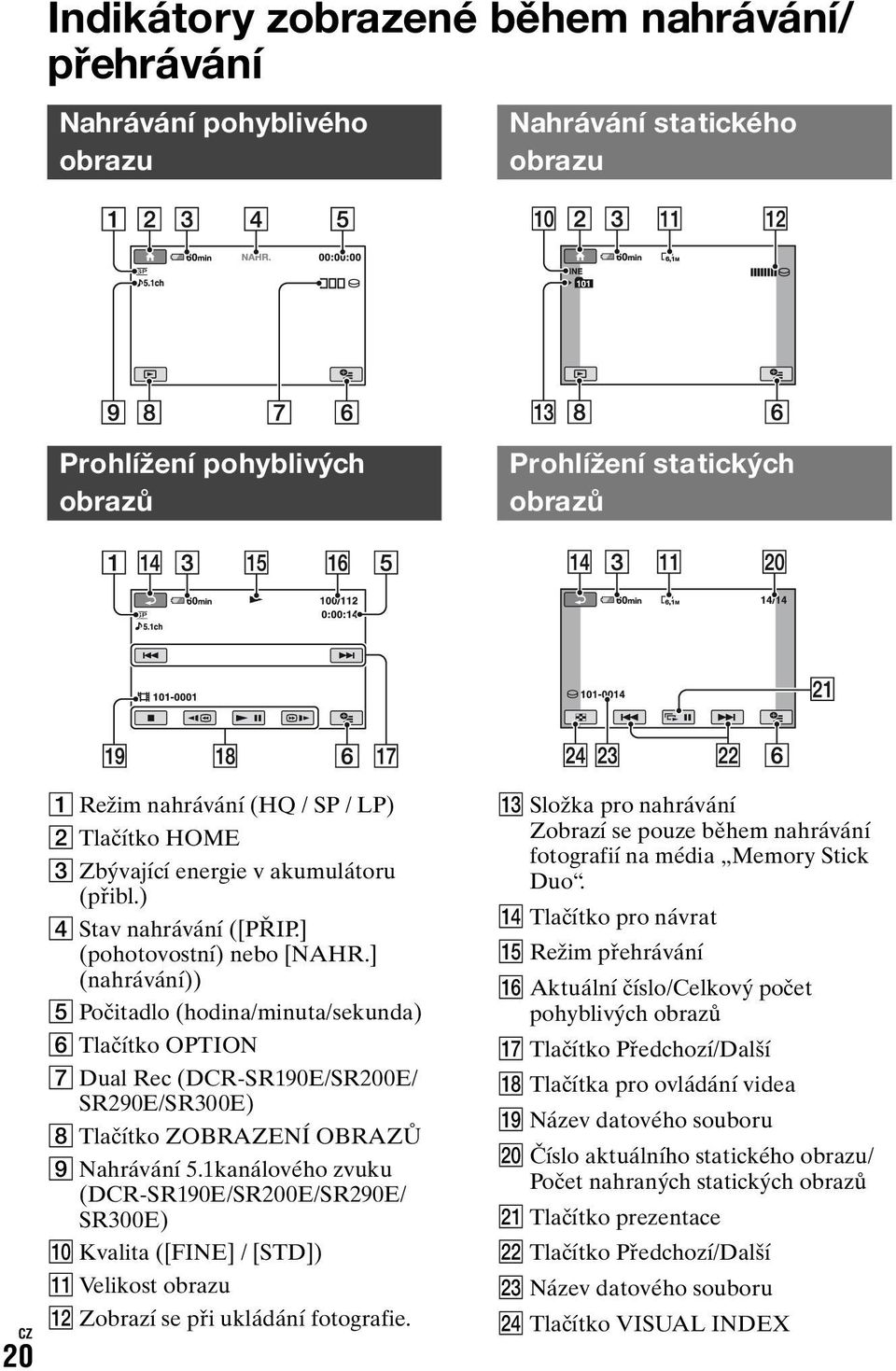 ] (nahrávání)) 5 Počitadlo (hodina/minuta/sekunda) 6 Tlačítko OPTION 7 Dual Rec (DCR-SR190E/SR200E/ SR290E/SR300E) 8 Tlačítko ZOBRAZENÍ OBRAZŮ 9 Nahrávání 5.