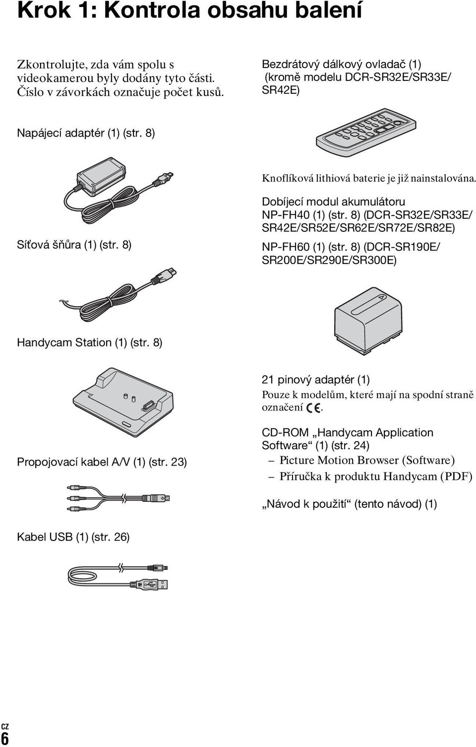 8) Dobíjecí modul akumulátoru NP-FH40 (1) (str. 8) (DCR-SR32E/SR33E/ SR42E/SR52E/SR62E/SR72E/SR82E) NP-FH60 (1) (str. 8) (DCR-SR190E/ SR200E/SR290E/SR300E) Handycam Station (1) (str.