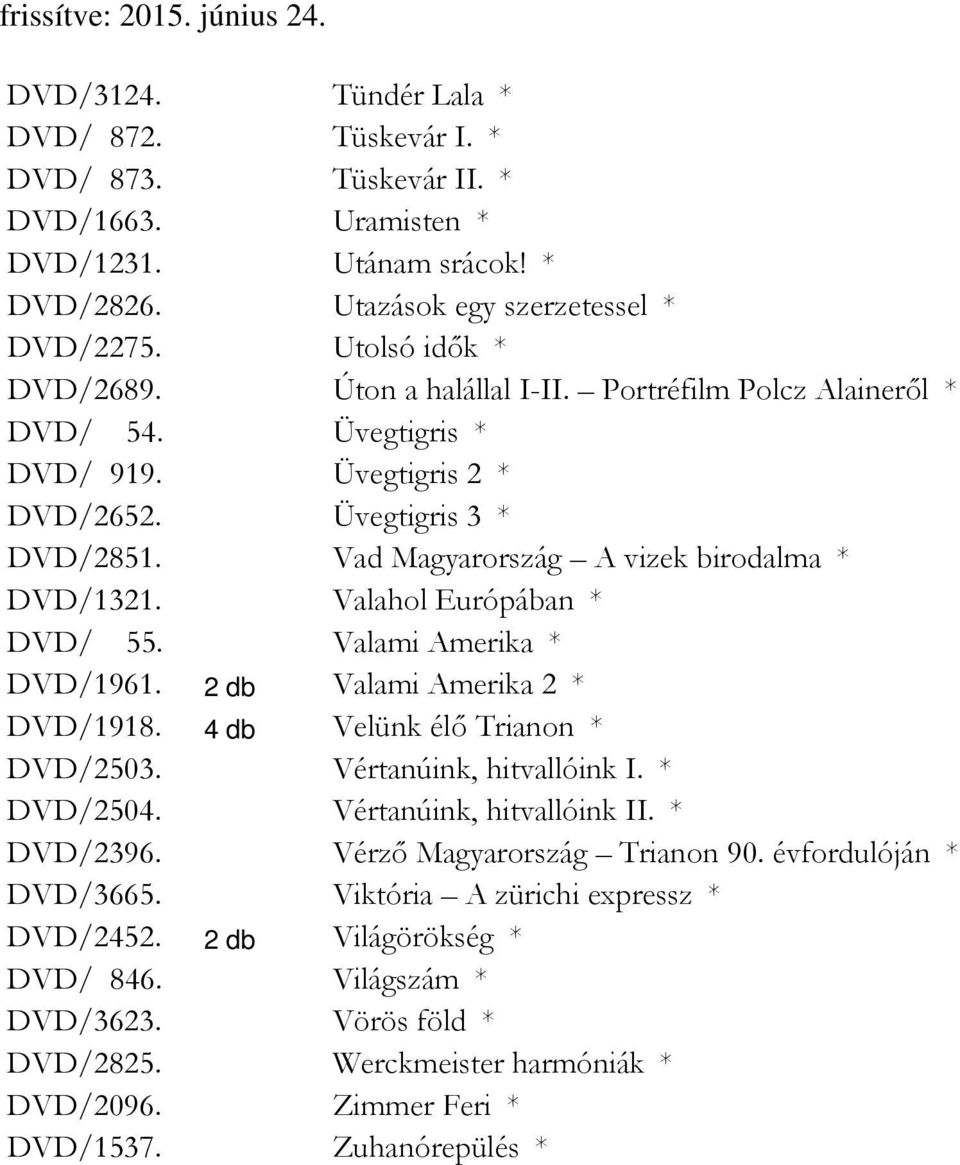 Valahol Európában * DVD/ 55. Valami Amerika * DVD/1961. 2 db Valami Amerika 2 * DVD/1918. 4 db Velünk élő Trianon * DVD/2503. Vértanúink, hitvallóink I. * DVD/2504. Vértanúink, hitvallóink II.