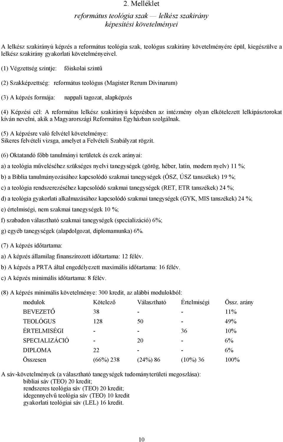 (1) Végzettség szintje: főiskolai szintű (2) Szakképzettség: református teológus (Magister Rerum Divinarum) (3) A képzés formája: nappali tagozat, alapképzés (4) Képzési cél: A református lelkész