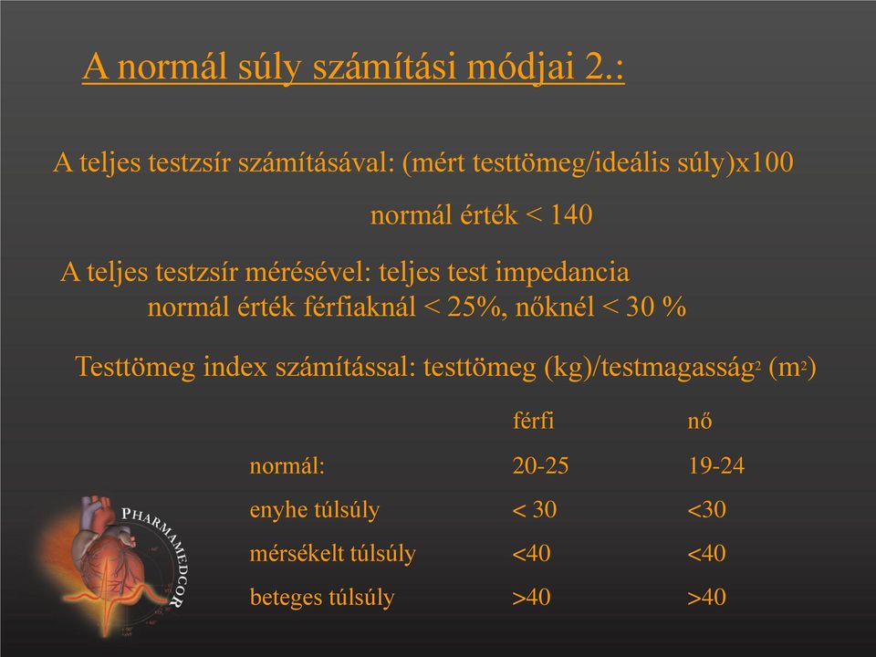 testzsír mérésével: teljes test impedancia normál érték férfiaknál < 25%, nőknél < 30 %