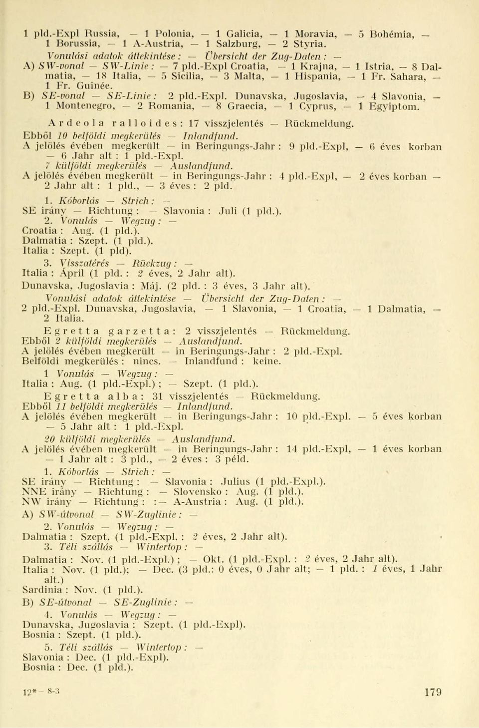 A r d e o 1 a ralloides:1 visszjelentés Rückmeldung. Ebből 10 belföldi megkerülés Inland fand. A jelölés évében megkerült in Beringungs-Jahr : 9 pld.-expl, 6 éves korban 6 Jahr all : 1 pld.-expl. külföldi megkerülés Auslandfund.