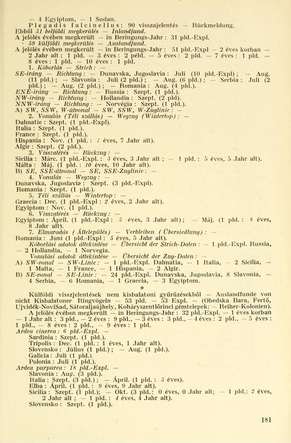 10 éves : 1 pld. 1. Kóborlás Strich: SE-irány Richtung: Dunavska, Jugoslavia : Juli (10 pld.-expl) ; Aug. (11 pld.) ; - Slavonia: Juli (2 pld.) ; - Aug. (6 pld.) ; Serbia : Juli (2 pld.) ; Aug. (2 pld.) ; Románia : Aug.