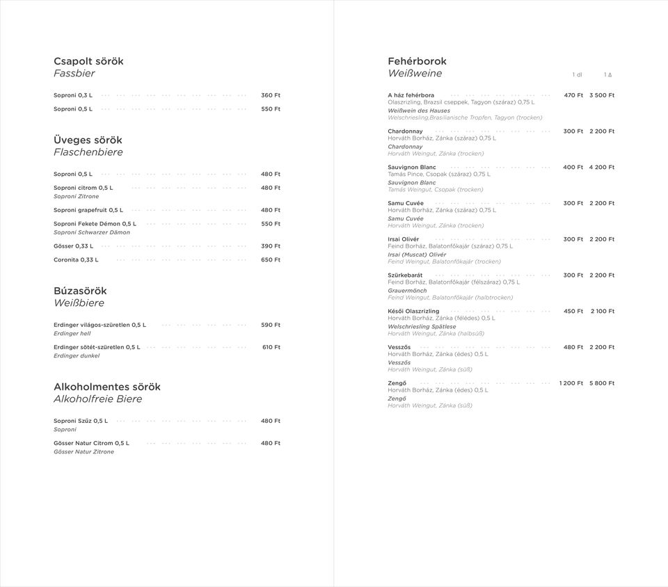 2 200 Ft Soproni 0,5 L Soproni citrom 0,5 L Soproni Zitrone Soproni grapefruit 0,5 L Soproni Fekete Démon 0,5 L Soproni Schwarzer Dämon Gösser 0,33 L Coronita 0,33 L 480 Ft 480 Ft 480 Ft 550 Ft 390