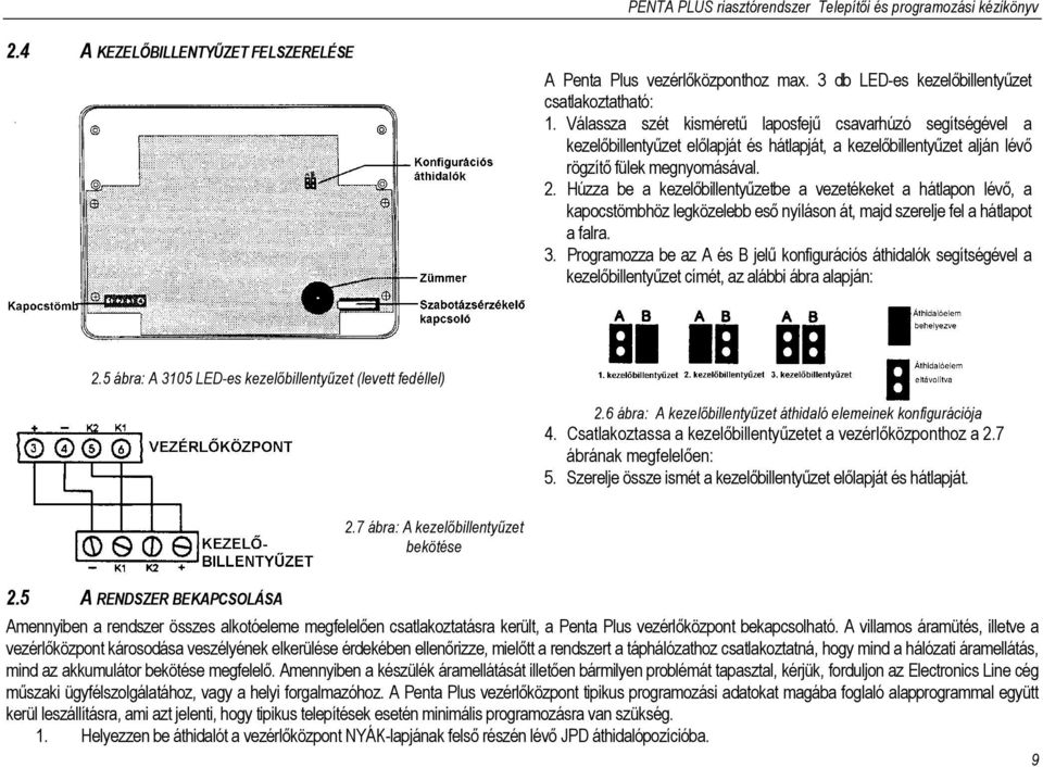 Húzza be a kezelőbillentyűzetbe a vezetékeket a hátlapon lévő, a kapocstömbhöz legközelebb eső nyíláson át, majd szerelje fel a hátlapot a falra. 3.