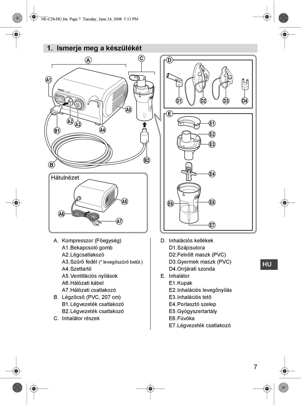 Hálózati csatlakozó B. Légzőcső (PVC, 207 cm) B1.Légvezeték csatlakozó B2.Légvezeték csatlakozó C. Inhalátor részek D. Inhalációs kellékek D1.Szájcsutora D2.