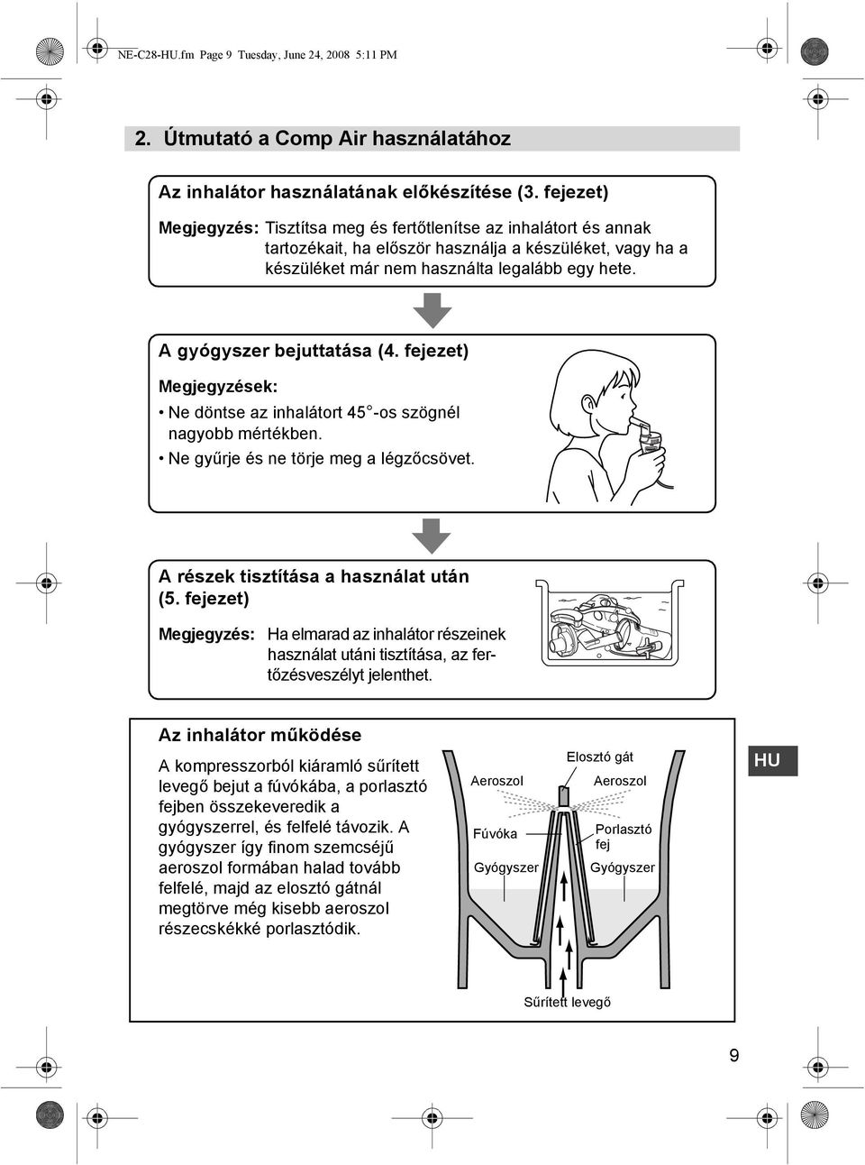 A gyógyszer bejuttatása (4. fejezet) Megjegyzések: Ne döntse az inhalátort 45 -os szögnél nagyobb mértékben. max Ne gyűrje és ne törje meg a légzőcsövet. A részek tisztítása a használat után (5.