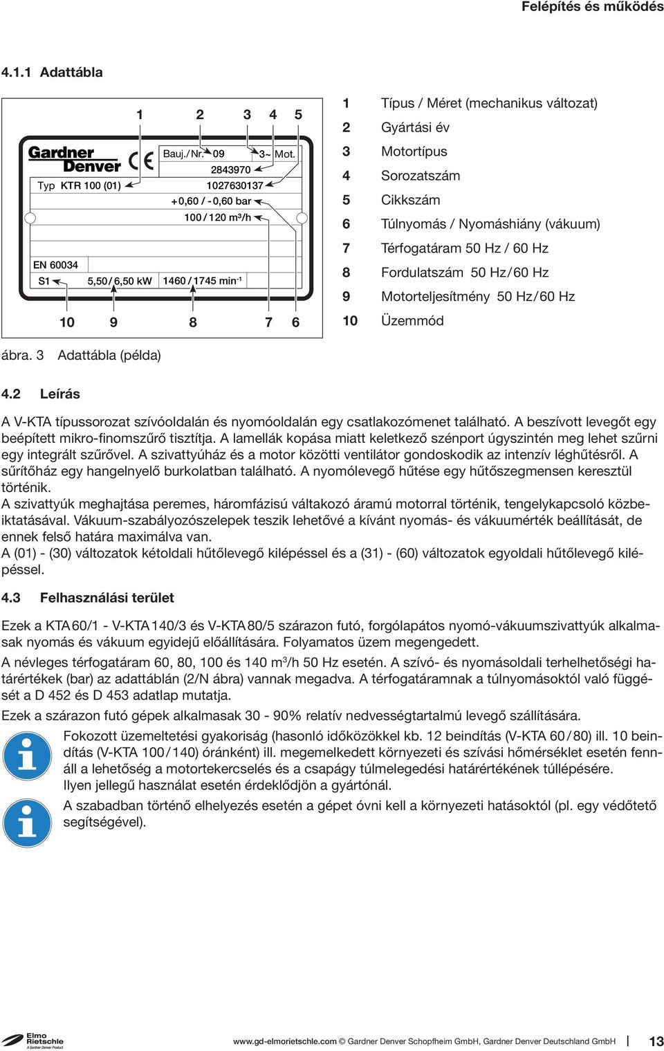 8 Fordulatszám 50 Hz/60 Hz 9 Motorteljesítmény 50 Hz/60 Hz 10 9 8 7 6 10 Üzemmód ábra. 3 Adattábla (példa) 4.2 Leírás A V-KTA típussorozat szívóoldalán és nyomóoldalán egy csatlakozómenet található.