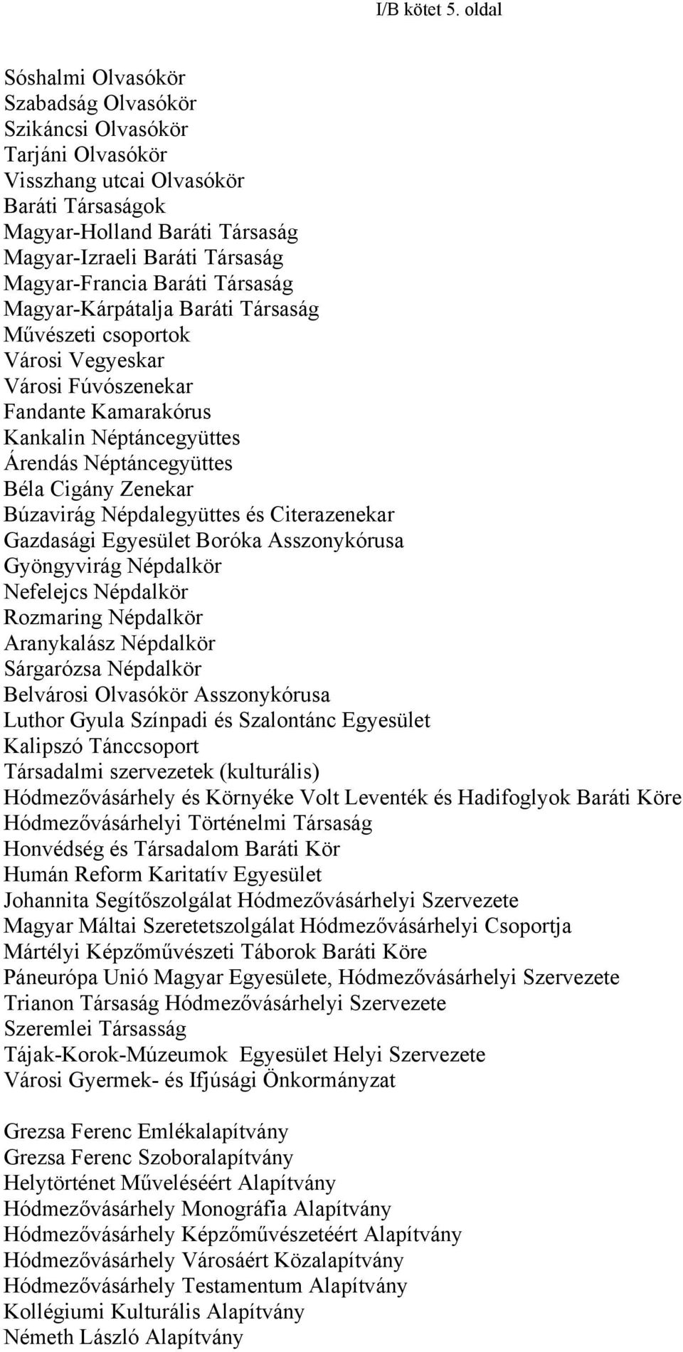 Magyar-Francia Baráti Társaság Magyar-Kárpátalja Baráti Társaság Művészeti csoportok Városi Vegyeskar Városi Fúvószenekar Fandante Kamarakórus Kankalin Néptáncegyüttes Árendás Néptáncegyüttes Béla