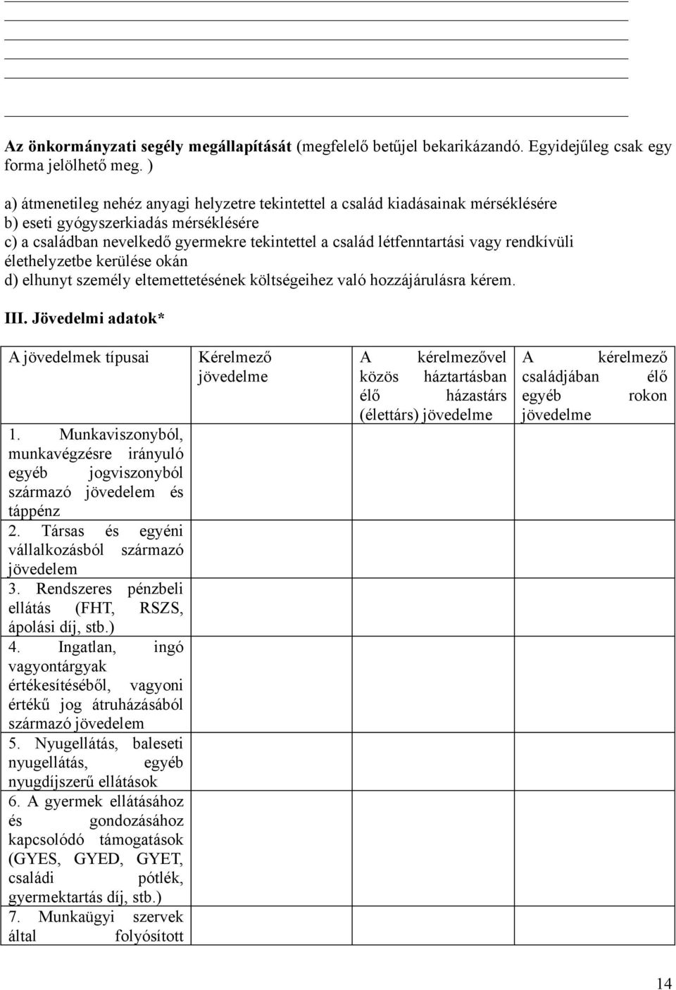 rendkívüli élethelyzetbe kerülése okán d) elhunyt személy eltemettetésének költségeihez való hozzájárulásra kérem. III. Jövedelmi adatok* A jövedelmek típusai 1.