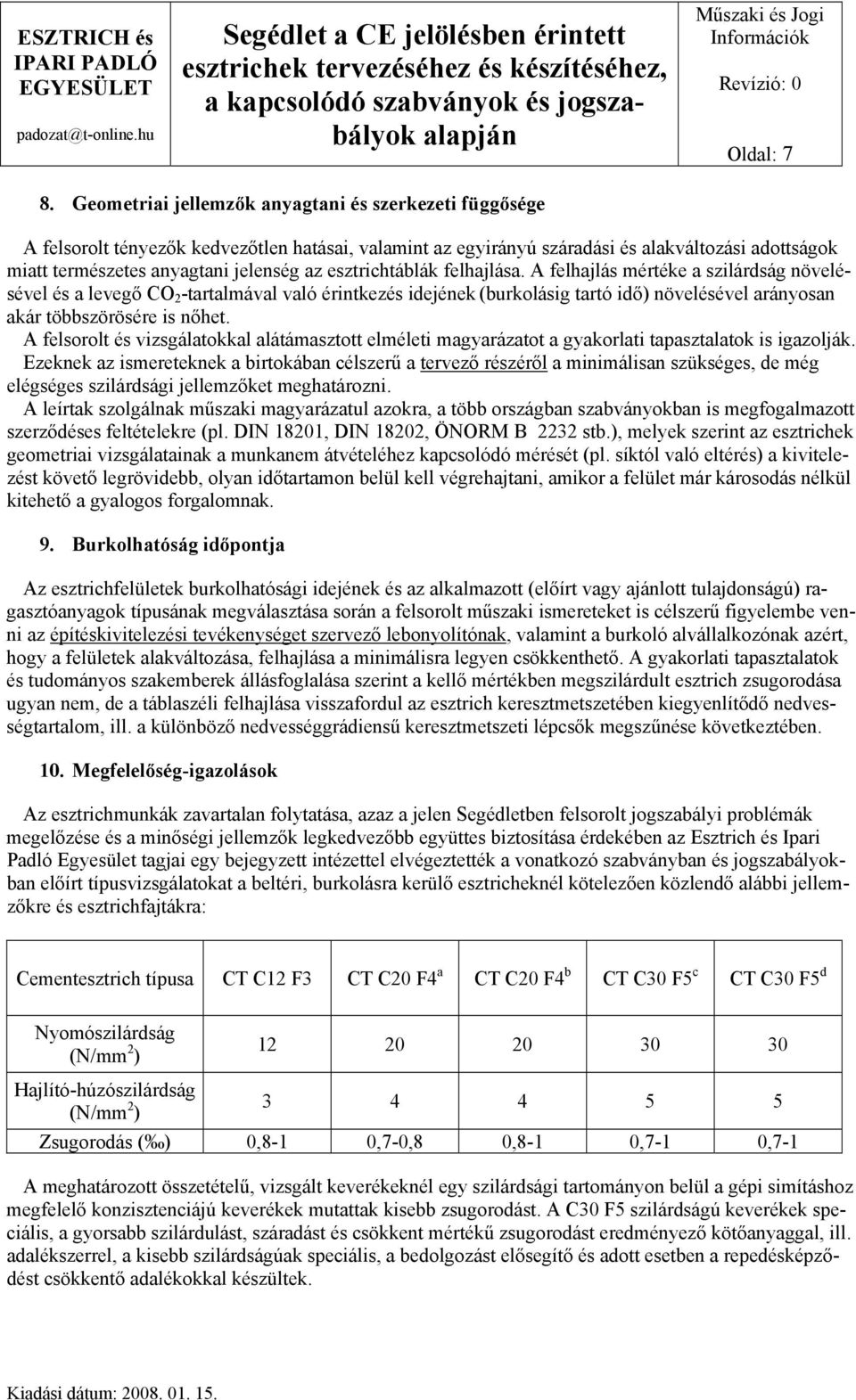 esztrichtáblák felhajlása. A felhajlás mértéke a szilárdság növelésével és a levegő CO 2 -tartalmával való érintkezés idejének (burkolásig tartó idő) növelésével arányosan akár többszörösére is nőhet.