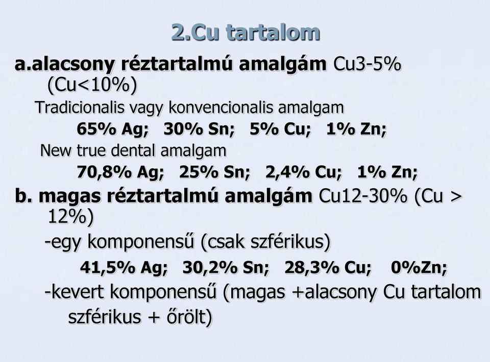 Ag; 30% Sn; 5% Cu; 1% Zn; New true dental amalgam 70,8% Ag; 25% Sn; 2,4% Cu; 1% Zn; b.