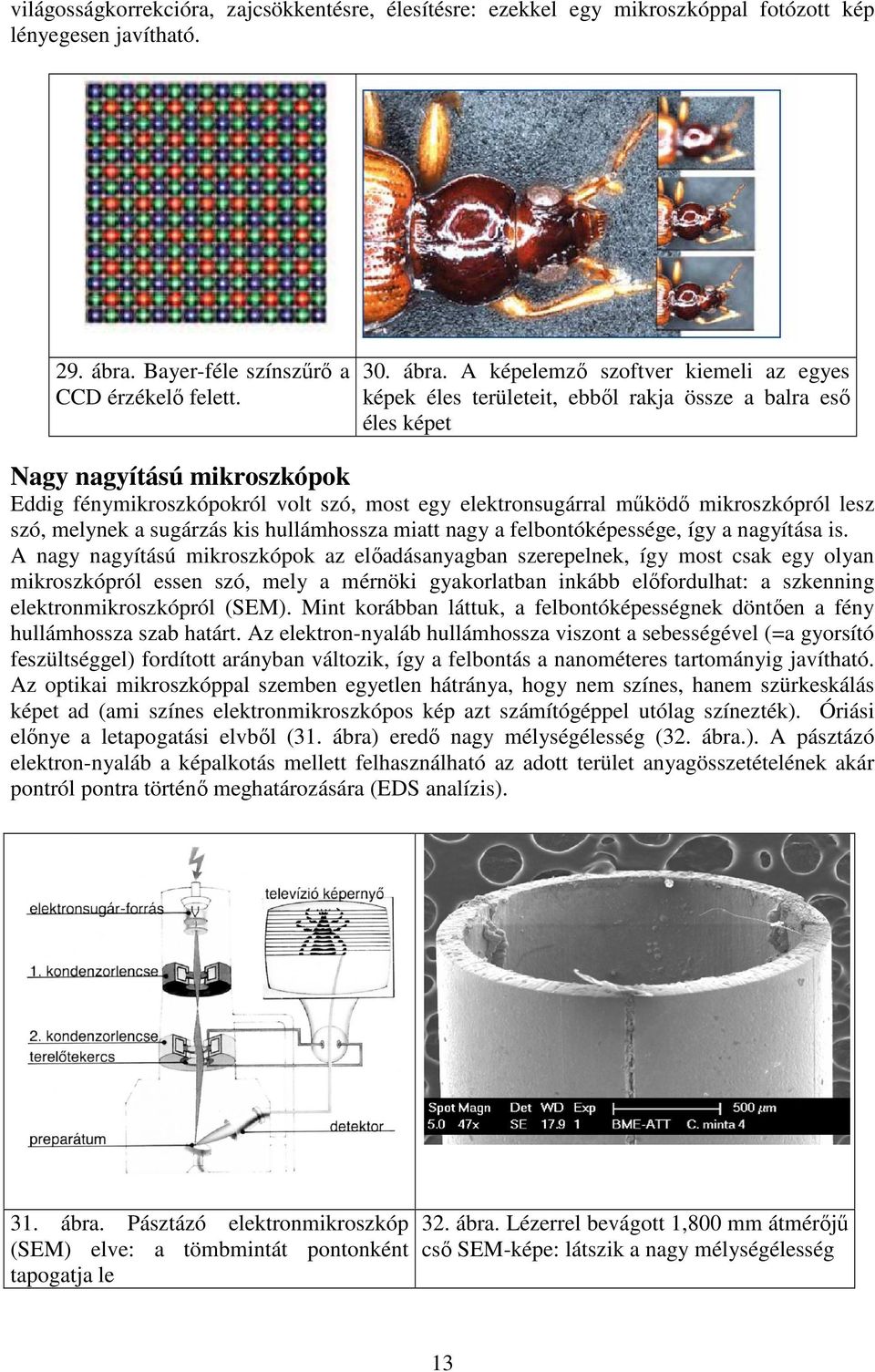 A képelemző szoftver kiemeli az egyes képek éles területeit, ebből rakja össze a balra eső éles képet Nagy nagyítású mikroszkópok Eddig fénymikroszkópokról volt szó, most egy elektronsugárral működő