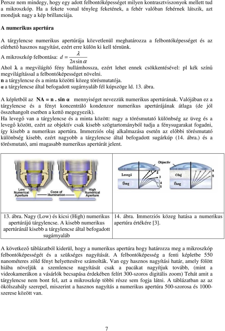 A numerikus apertúra A tárgylencse numerikus apertúrája közvetlenül meghatározza a felbontóképességet és az elérhető hasznos nagyítást, ezért erre külön ki kell térnünk.