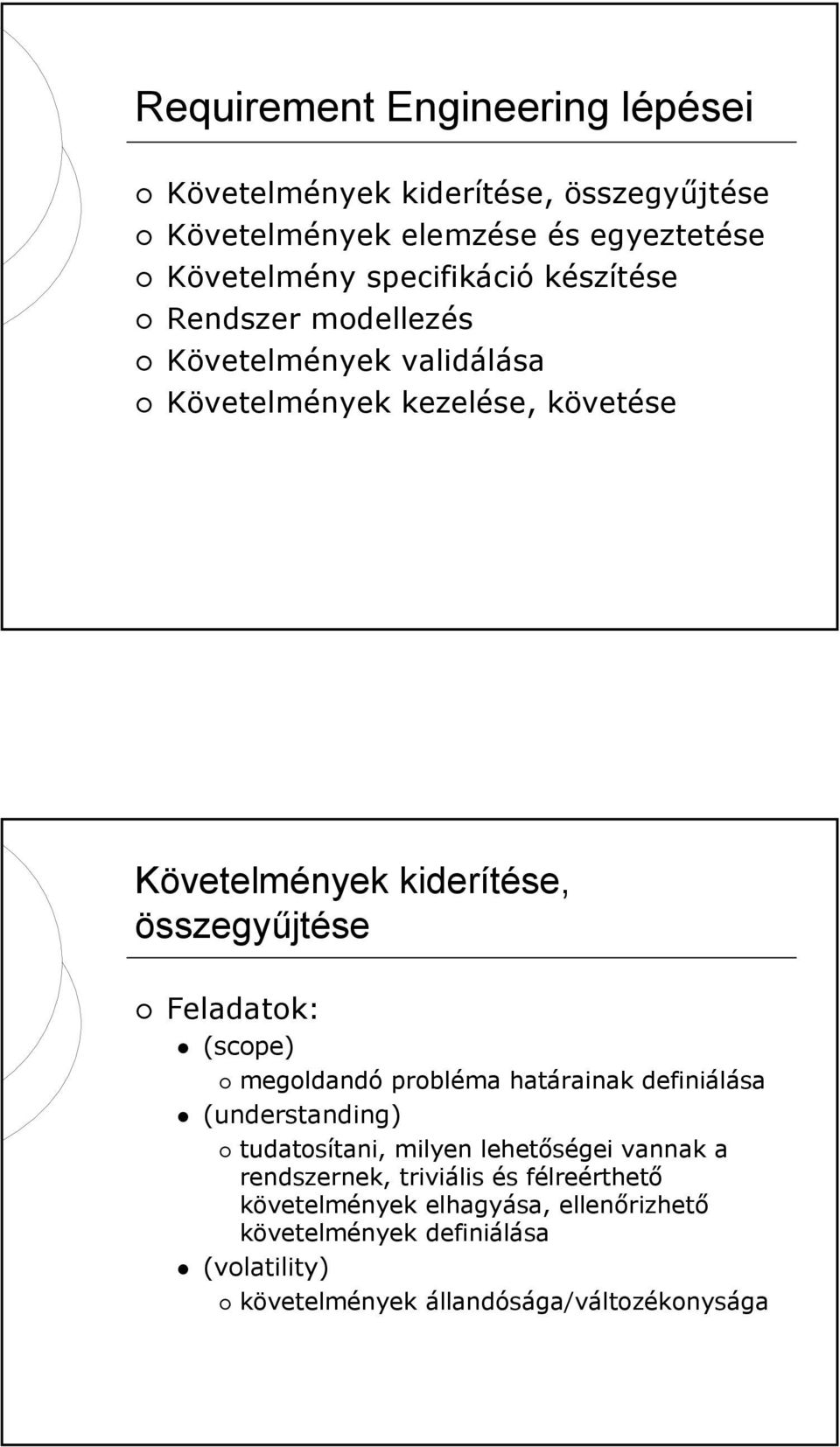 Feladatok: (scope) megoldandó probléma határainak definiálása (understanding) tudatosítani, milyen lehetőségei vannak a rendszernek,