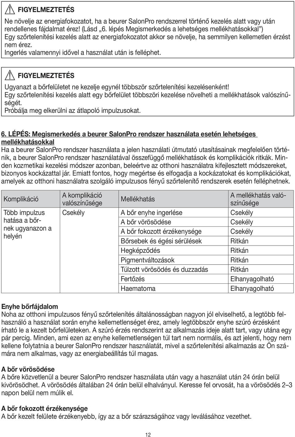 Ingerlés valamennyi idővel a használat után is felléphet. Ugyanazt a bőrfelületet ne kezelje egynél többször szőrtelenítési enként!