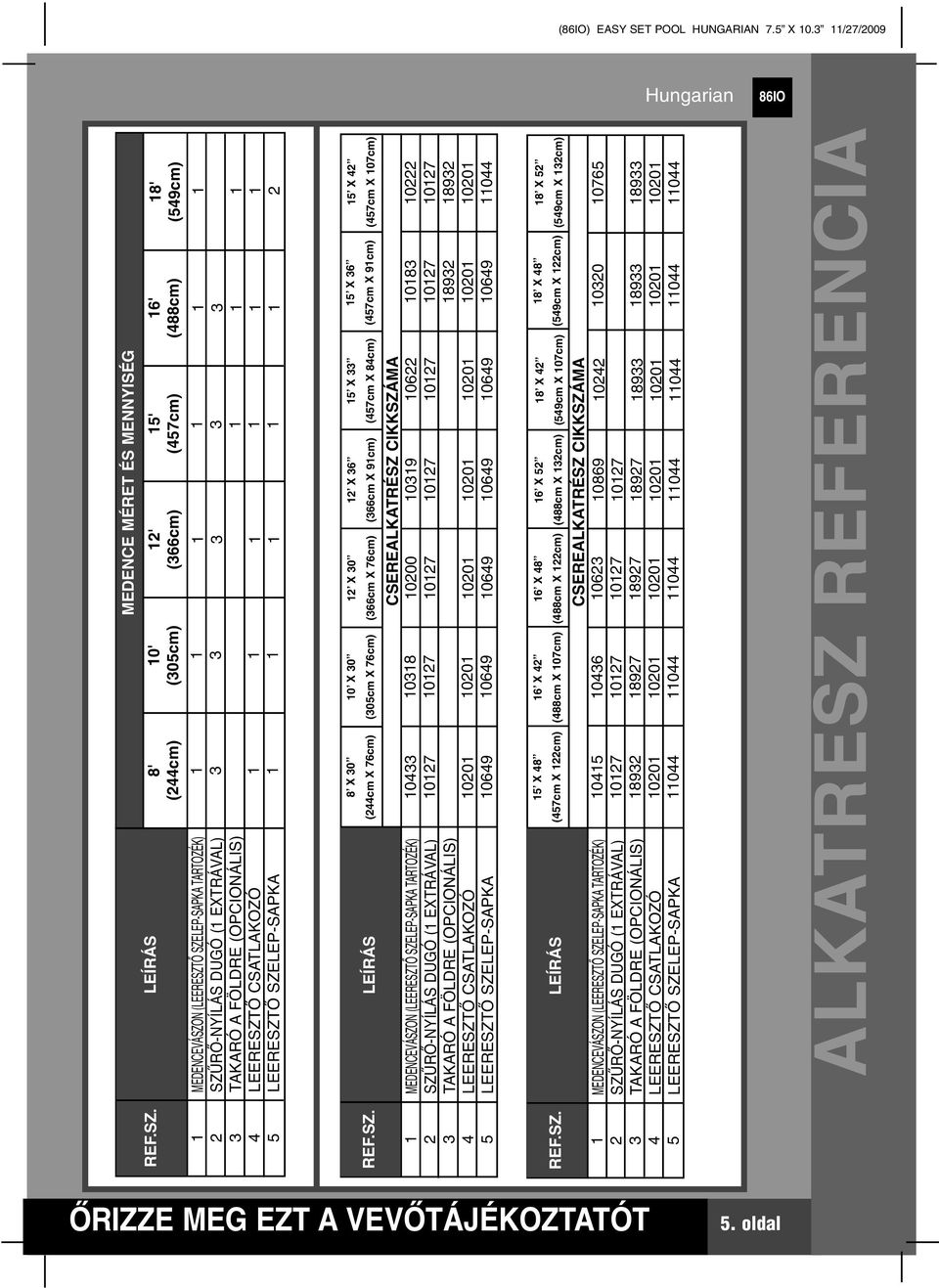 ÉS MENNYISÉG 2' (66cm) 5' (457cm) 6' (488cm) 8' (549cm) 2 REF.SZ.