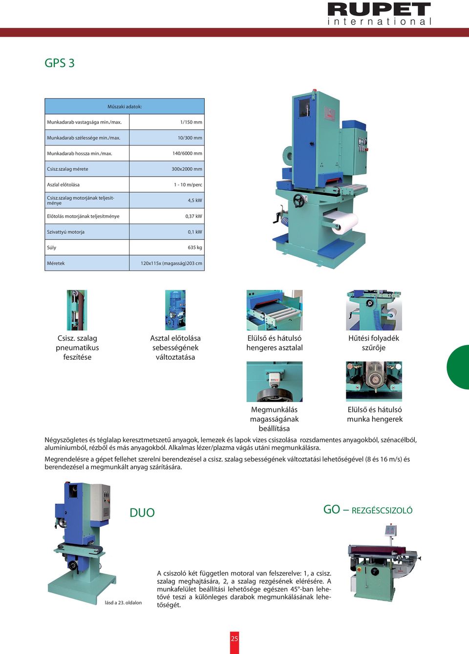 szalag motorjának teljesítménye 4,5 kw Előtolás motorjának teljesítménye 0,37 kw Szivattyú motorja 0,1 kw Súly 635 kg 120x115x (magasság)203 cm Csisz.