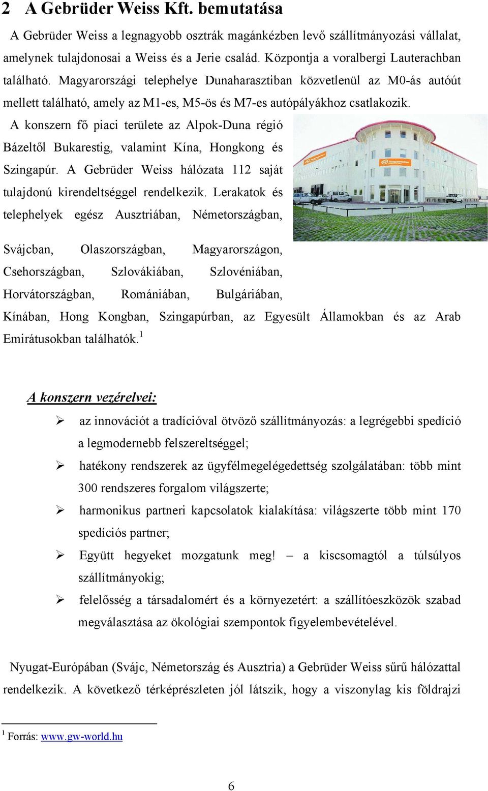 A konszern fő piaci területe az Alpok-Duna régió Bázeltől Bukarestig, valamint Kína, Hongkong és Szingapúr. A Gebrüder Weiss hálózata 112 saját tulajdonú kirendeltséggel rendelkezik.