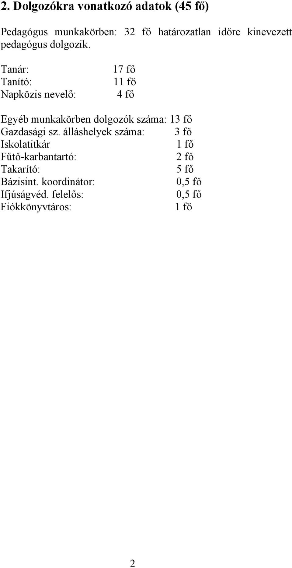 Tanár: Tanító: Napközis nevelő: 17 fő 11 fő 4 fő Egyéb munkakörben dolgozók száma: 13 fő