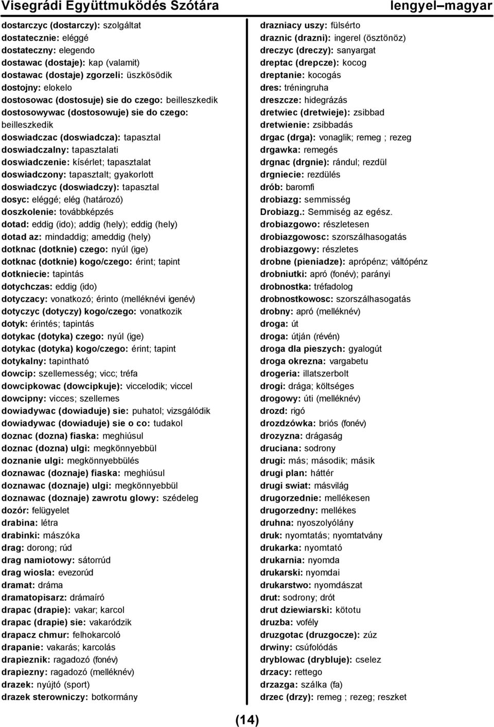 tapasztalt; gyakorlott doswiadczyc (doswiadczy): tapasztal dosyc: eléggé; elég (határozó) doszkolenie: továbbképzés dotad: eddig (ido); addig (hely); eddig (hely) dotad az: mindaddig; ameddig (hely)