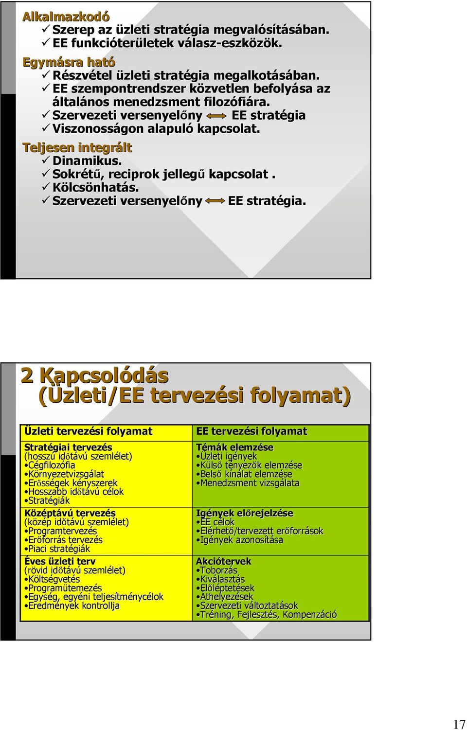 Sokrétő,, reciprok jellegő kapcsolat. Kölcsönhatás. Szervezeti versenyelıny EE stratégia.