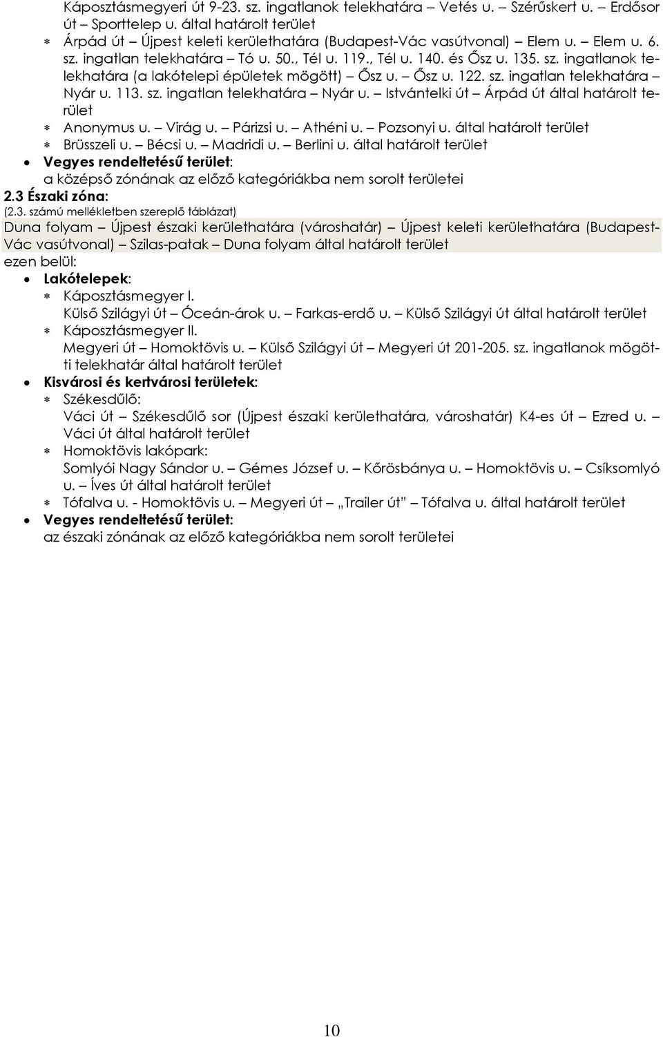 113. sz. ingatlan telekhatára Nyár u. Istvántelki út Árpád út által határolt terület Anonymus u. Virág u. Párizsi u. Athéni u. Pozsonyi u. által határolt terület Brüsszeli u. Bécsi u. Madridi u.