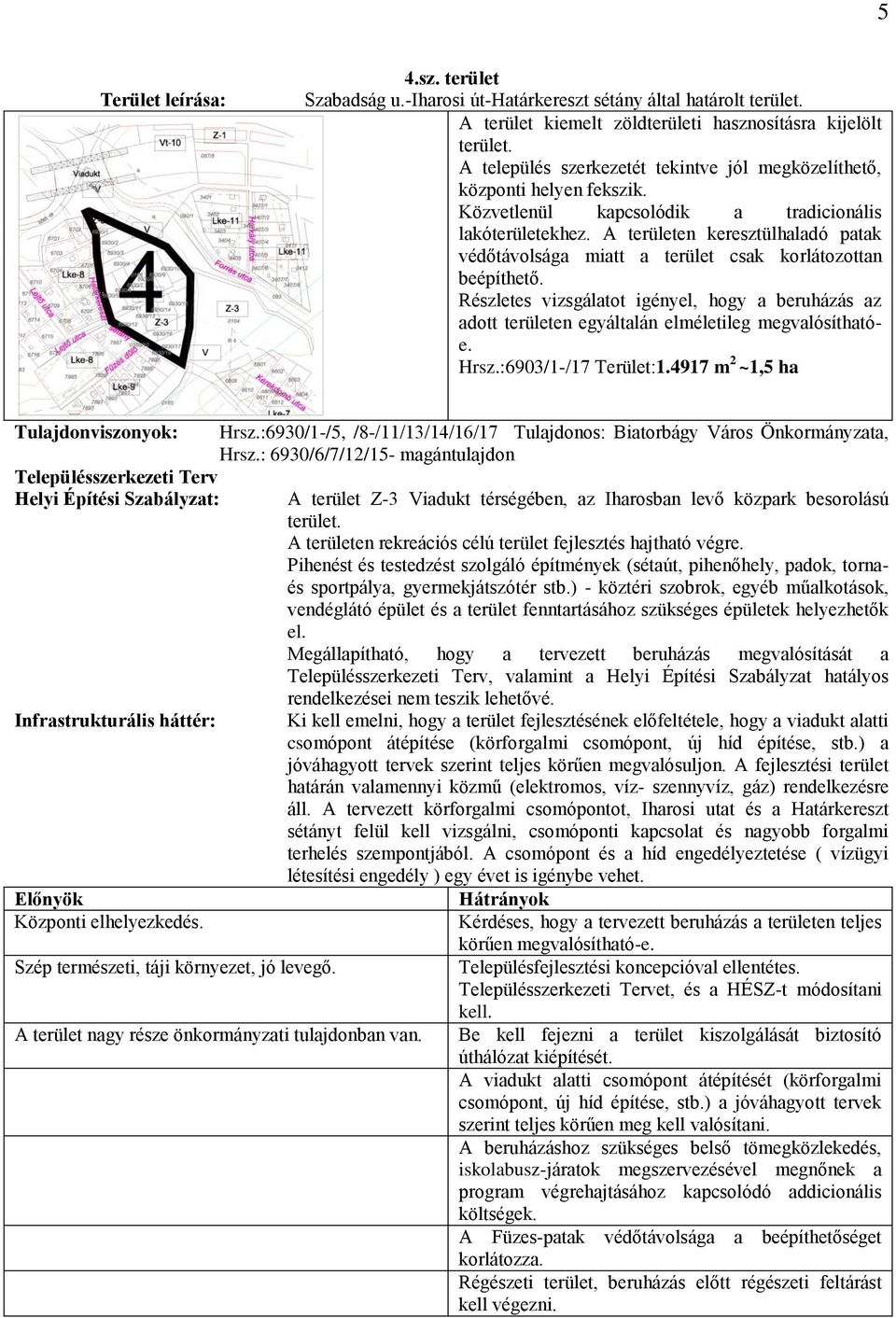 A területen keresztülhaladó patak védőtávolsága miatt a terület csak korlátozottan beépíthető.