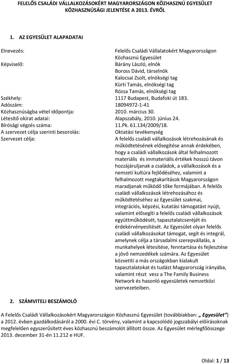 elnökségi tag Rózsa Tamás, elnökségi tag Székhely: 1117 Budapest, Budafoki út 183. Adószám: 18094972-1-41 Közhasznúságba vétel időpontja: 2010. március 30. Létesítő okirat adatai: Alapszabály, 2010.