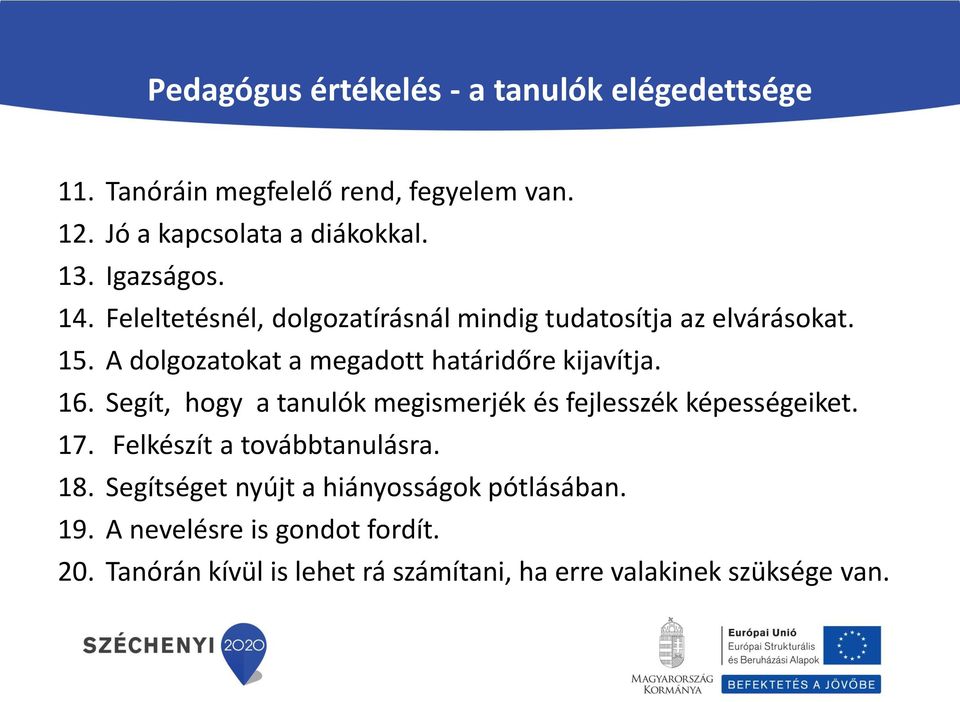 A dolgozatokat a megadott határidőre kijavítja. 16. Segít, hogy a tanulók megismerjék és fejlesszék képességeiket. 17.