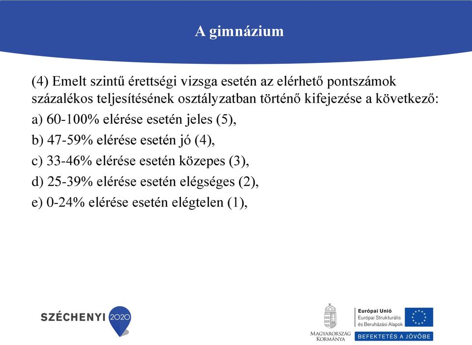 elérése esetén jeles (5), b) 47-59% elérése esetén jó (4), c) 33-46% elérése esetén