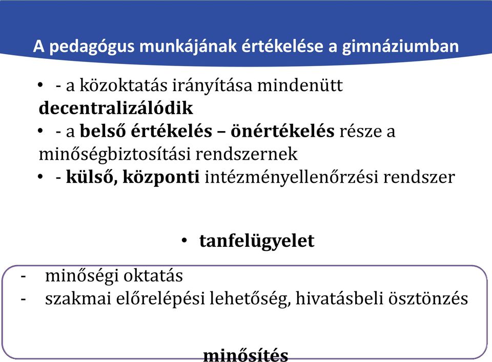 minőségbiztosítási rendszernek - külső, központi intézményellenőrzési rendszer