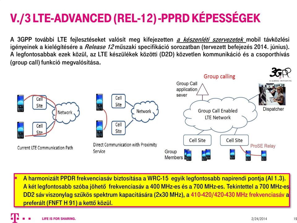 A legfontosabbak ezek közül, az LTE készülékek közötti (D2D) közvetlen kommunikáció és a csoporthívás (group call) funkció megvalósítása.