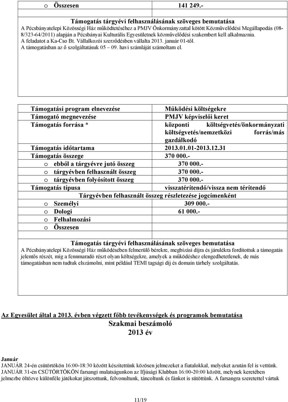 Pécsbányai Kulturális Egyesületnek közművelődési szakembert kell alkalmaznia. A feladatot a Ka-Cso Bt. Vállalkozói szerződésben vállalta 2013. január 01-től. A támogatásban az ő szolgáltatásuk 05 09.