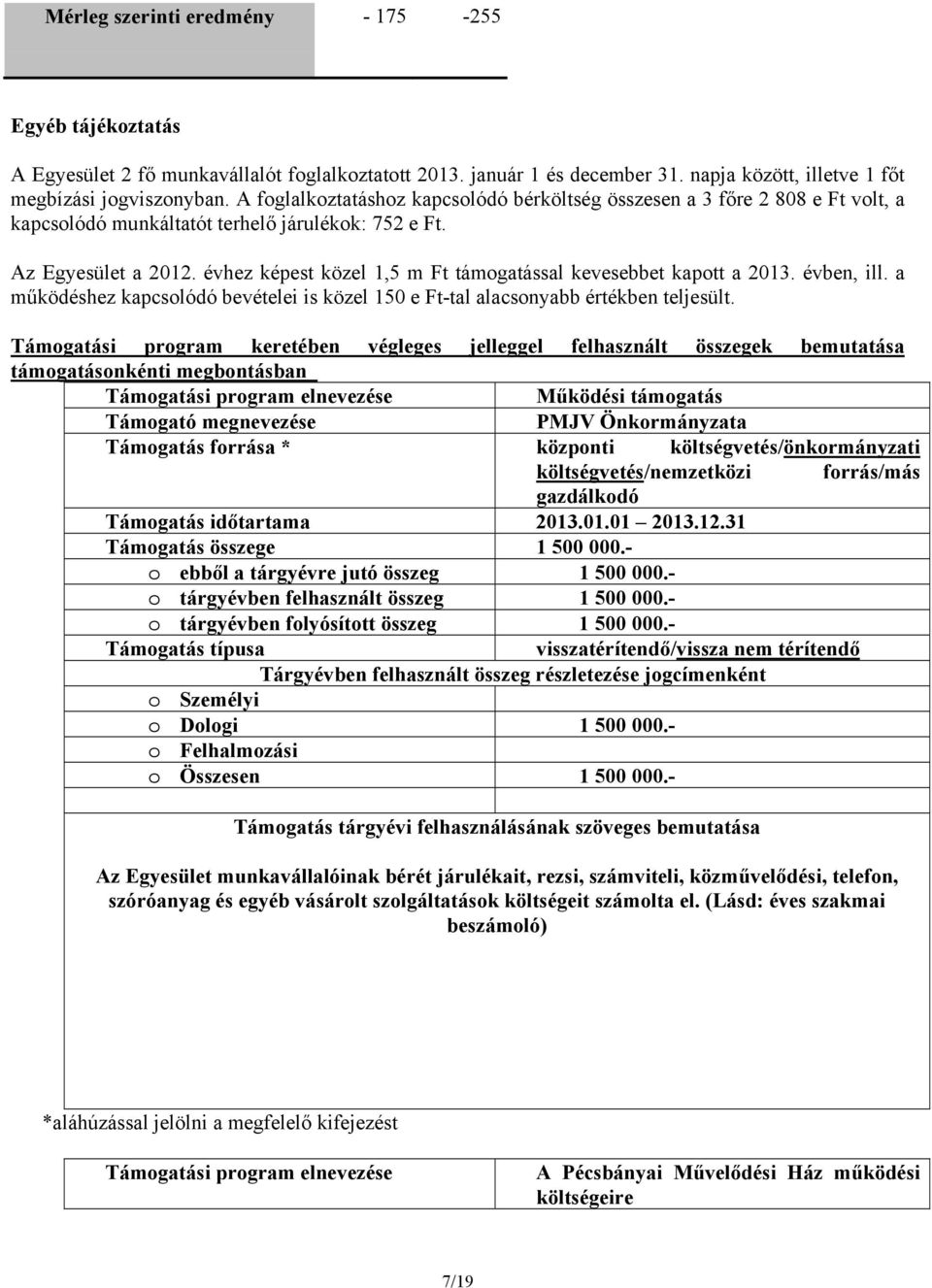 évhez képest közel 1,5 m Ft támogatással kevesebbet kapott a 2013. évben, ill. a működéshez kapcsolódó bevételei is közel 150 e Ft-tal alacsonyabb értékben teljesült.