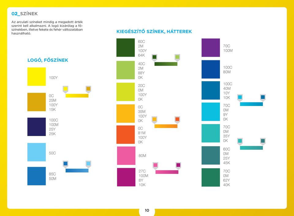 LOGÓ, FŐSZÍNEK 100Y 0C 25M 100Y 15K 100C 100M 25Y 25K 50C 85C 50M KIEGÉSZÍTŐ SZÍNEK, HÁTTEREK 60C 2M 100Y 64K
