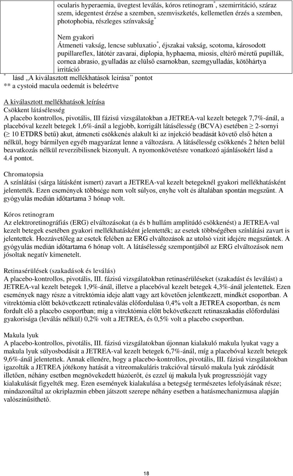 elülső csarnokban, szemgyulladás, kötőhártya irritáció * lásd A kiválasztott mellékhatások leírása pontot ** a cystoid macula oedemát is beleértve A kiválasztott mellékhatások leírása Csökkent