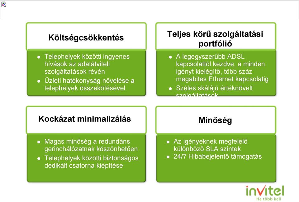 biztonságos dedikált csatorna kiépítése Teljes körű szolgáltatási portfólió A legegyszerűbb ADSL kapcsolattól kezdve, a minden igényt kielégítő, több