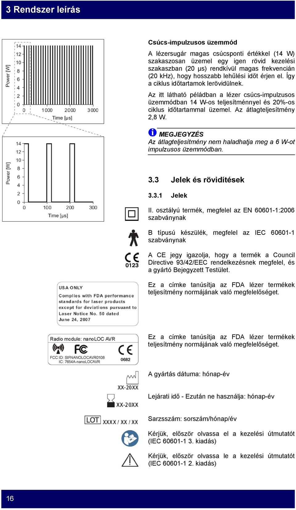 Az átlagteljesítmény 2,8 W. Az átlagteljesítmény nem haladhatja meg a 6 W-ot impulzusos üzemmódban. 3.3 Jelek és rövidítések 3.3.1 Jelek II.