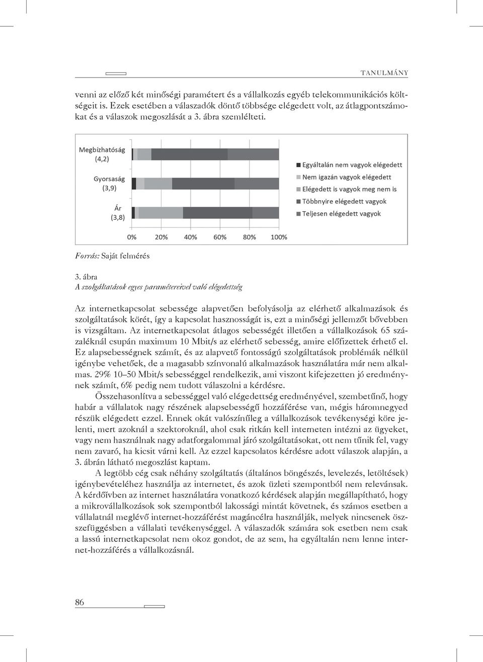 ábra A szolgáltatások egyes paramétereivel való elégedettség Az internetkapcsolat sebessége alapvetően befolyásolja az elérhető alkalmazások és szolgáltatások körét, így a kapcsolat hasznosságát is,