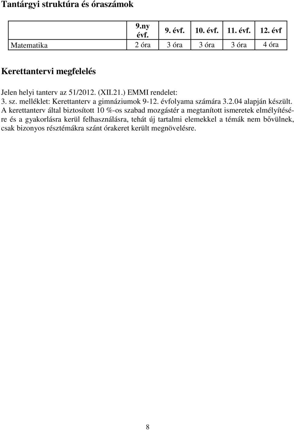 melléklet: Kerettanterv a gimnáziumok 9-12. évfolyama számára 3.2.04 alapján készült.